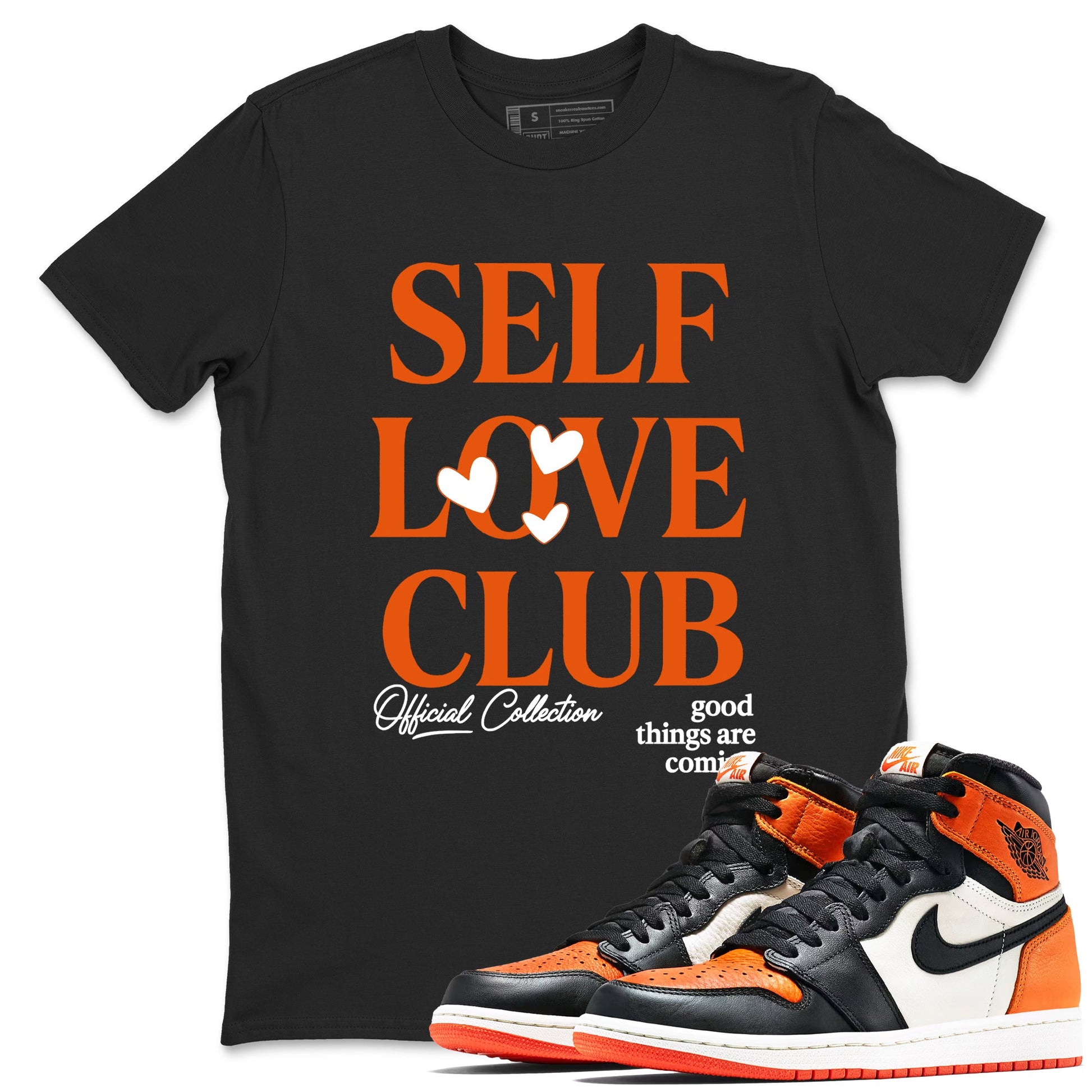 Self Love Club sneaker match t-shirt styled to complete your fit with the Air Jordan 1 Shattered Backboard sneakers, shown in Black 1.