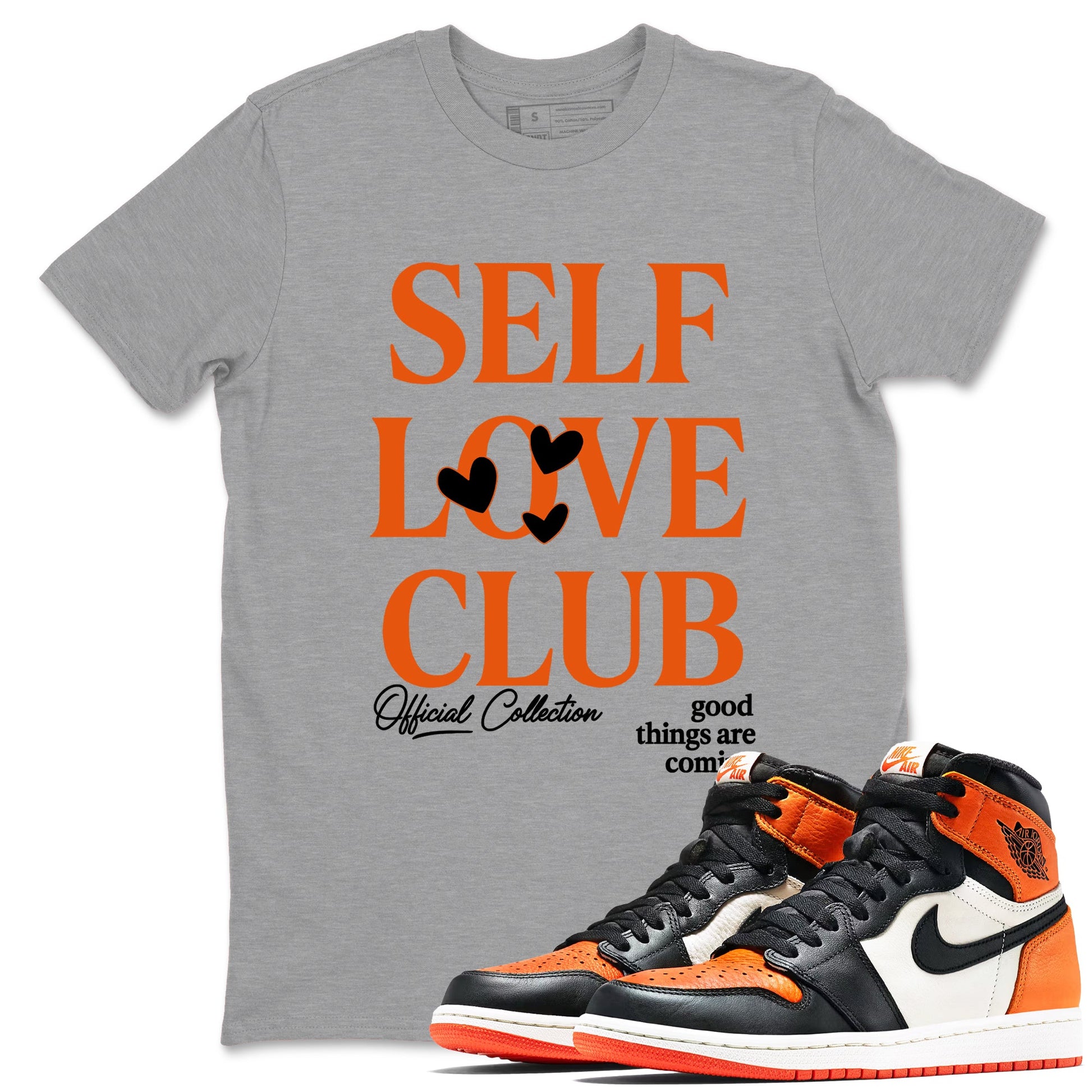 Self Love Club sneaker match t-shirt styled to complete your fit with the Air Jordan 1 Shattered Backboard sneakers, shown in Heather Grey 1.