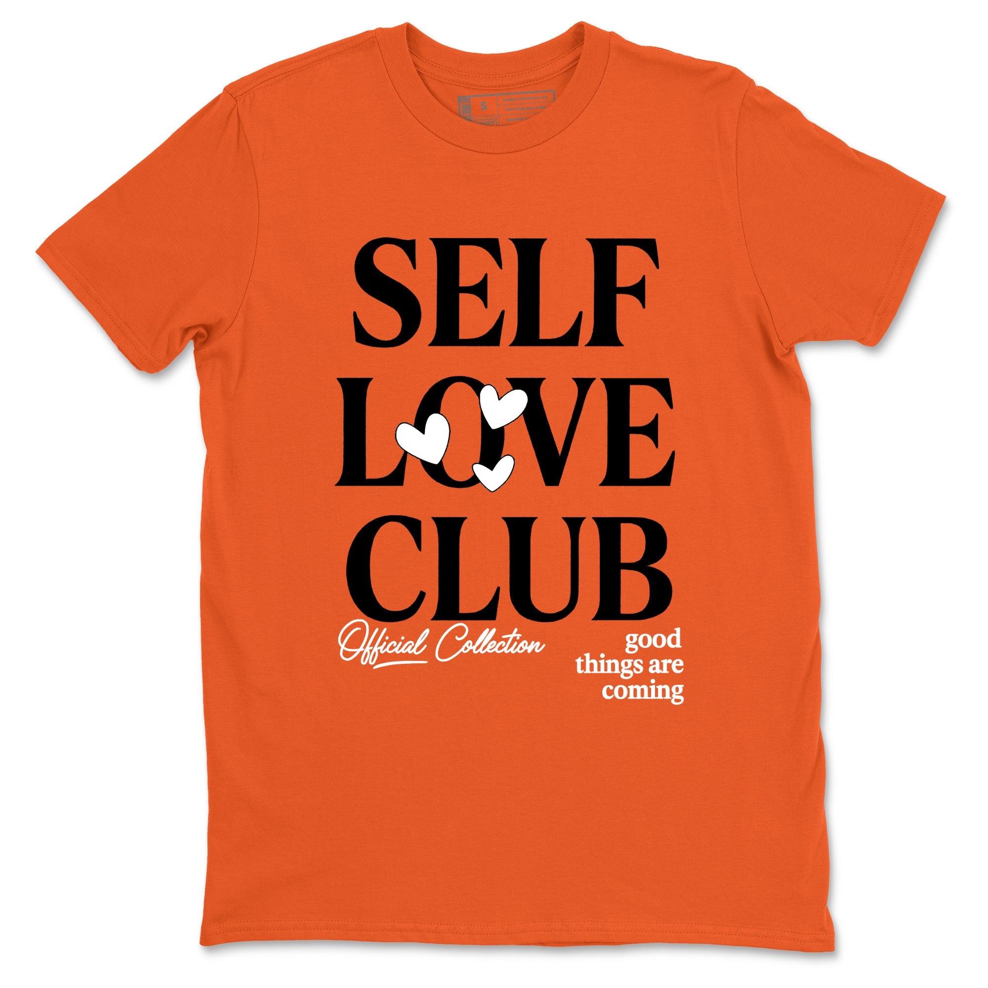 Self Love Club sneaker match t-shirt styled to complete your fit with the Air Jordan 1 Shattered Backboard sneakers, shown in Orange 2.