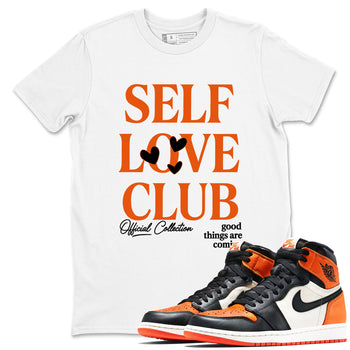 Self Love Club sneaker match t-shirt styled to complete your fit with the Air Jordan 1 Shattered Backboard sneakers, shown in White 1.