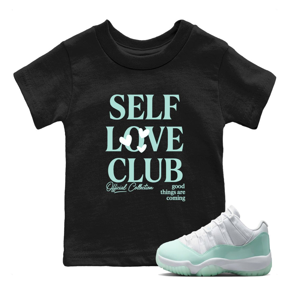 Self Love Club baby and kids t-shirt crafted for little sneakerheads to shine with the Air Jordan 11 Igloo sneakers, displayed in Black 1.
