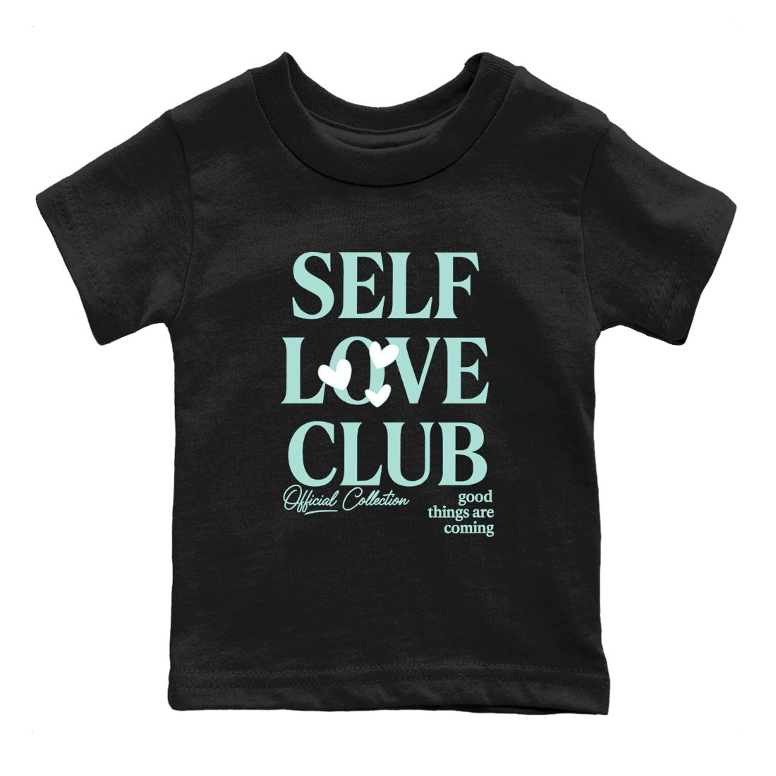 Self Love Club baby and kids t-shirt crafted for little sneakerheads to shine with the Air Jordan 11 Igloo sneakers, displayed in Black 2.