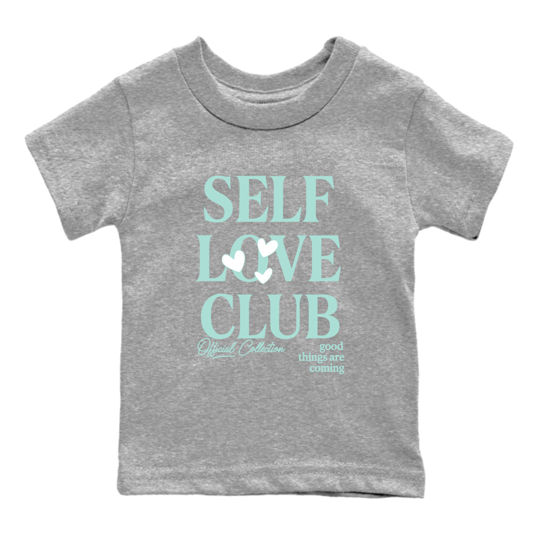 Self Love Club baby and kids t-shirt crafted for little sneakerheads to shine with the Air Jordan 11 Igloo sneakers, displayed in Heather Grey 2.