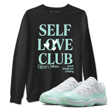 Self Love Club sneaker match t-shirt styled to complete your fit with the Air Jordan 11 Igloo sneakers, shown in Black 1.