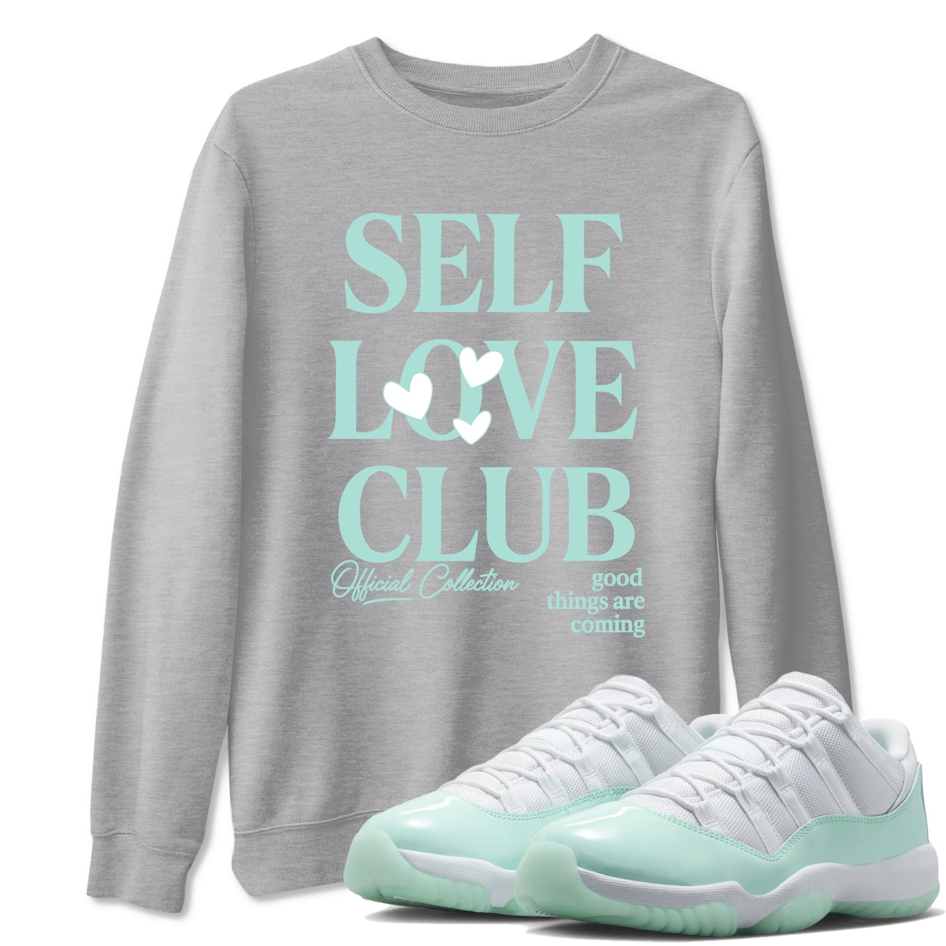 Self Love Club sneaker match t-shirt styled to complete your fit with the Air Jordan 11 Igloo sneakers, shown in Heather Grey 1.