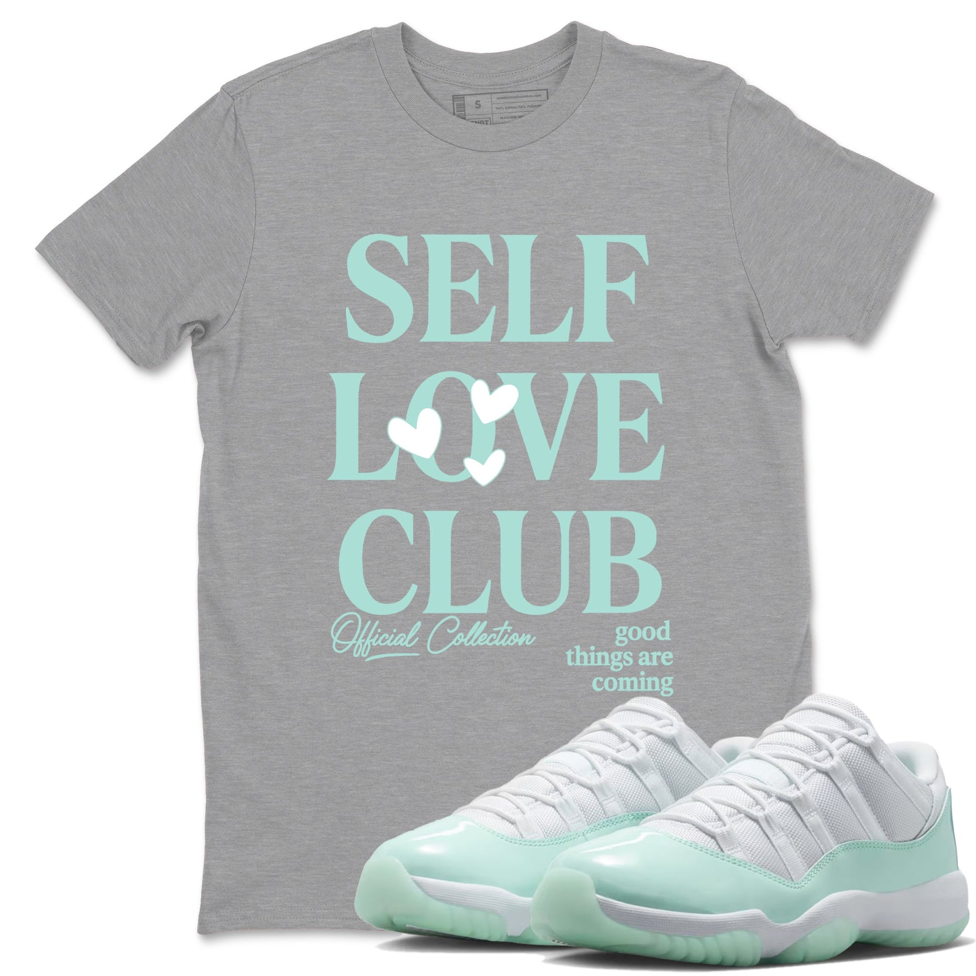 Self Love Club sneaker match t-shirt styled to complete your fit with the Air Jordan 11 Igloo sneakers, shown in Heather Grey 1.