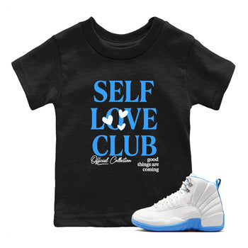 Self Love Club baby and kids t-shirt crafted for little sneakerheads to shine with the Air Jordan 12 White and University Blue sneakers, displayed in Black 1.