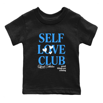 Self Love Club baby and kids t-shirt crafted for little sneakerheads to shine with the Air Jordan 12 White and University Blue sneakers, displayed in Black 2.