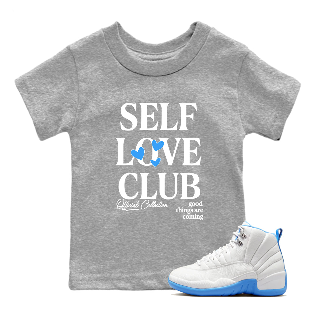 Self Love Club baby and kids t-shirt crafted for little sneakerheads to shine with the Air Jordan 12 White and University Blue sneakers, displayed in Heather Grey 1.