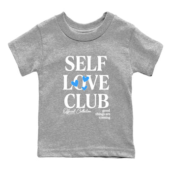 Self Love Club baby and kids t-shirt crafted for little sneakerheads to shine with the Air Jordan 12 White and University Blue sneakers, displayed in Heather Grey 2.