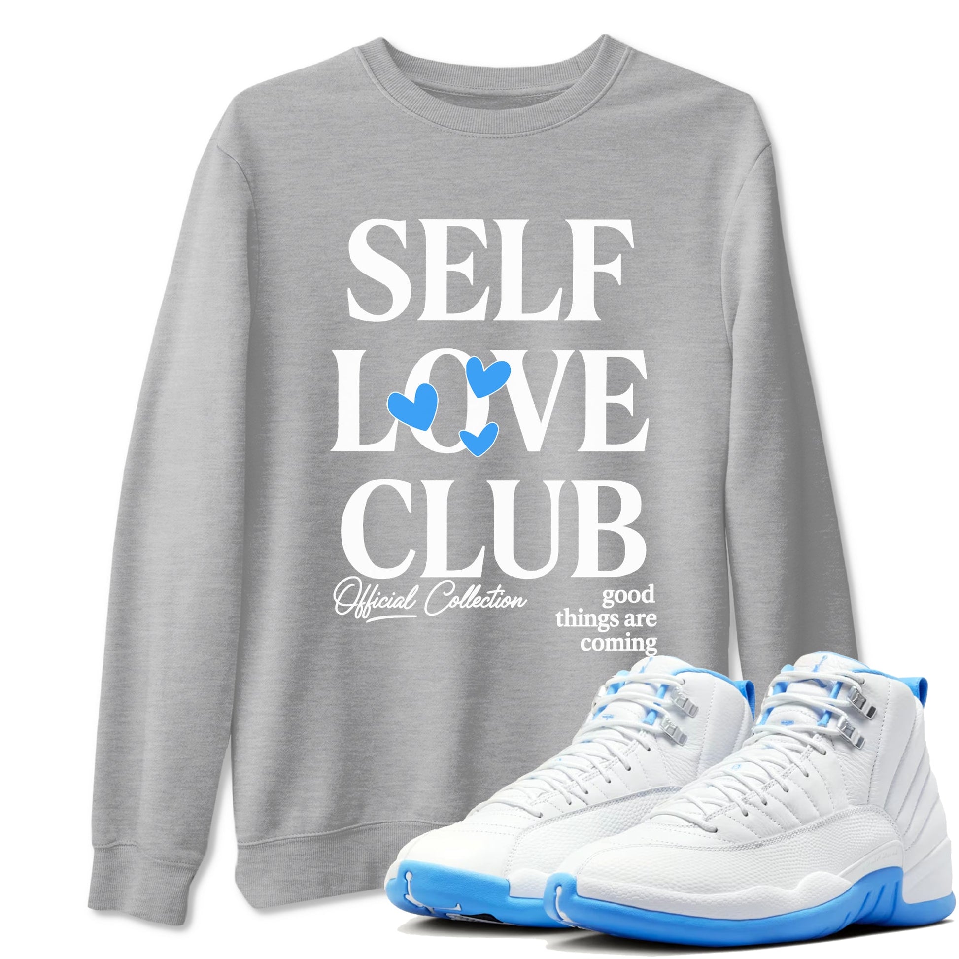 Self Love Club sneaker match t-shirt styled to complete your fit with the Air Jordan 12 White and University Blue sneakers, shown in Heather Grey 1.