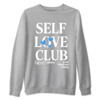 Self Love Club sneaker match t-shirt styled to complete your fit with the Air Jordan 12 White and University Blue sneakers, shown in Heather Grey 2.