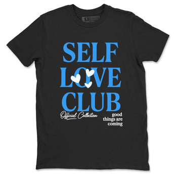 Self Love Club sneaker match t-shirt styled to complete your fit with the Air Jordan 12 White and University Blue sneakers, shown in Black 2.