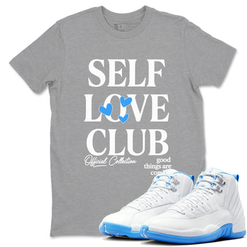 Self Love Club sneaker match t-shirt styled to complete your fit with the Air Jordan 12 White and University Blue sneakers, shown in Heather Grey 1.