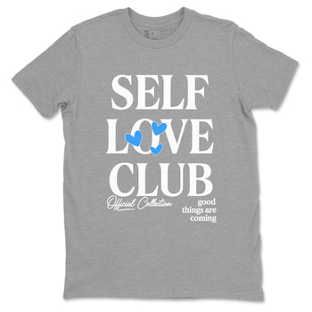 Self Love Club sneaker match t-shirt styled to complete your fit with the Air Jordan 12 White and University Blue sneakers, shown in Heather Grey 2.