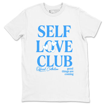 Self Love Club sneaker match t-shirt styled to complete your fit with the Air Jordan 12 White and University Blue sneakers, shown in White 2.