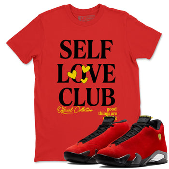 Self Love Club sneaker match t-shirt styled to complete your fit with the Air Jordan 14 Challenge Red sneakers, shown in Red 1.
