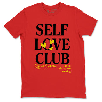 Self Love Club sneaker match t-shirt styled to complete your fit with the Air Jordan 14 Challenge Red sneakers, shown in Red 2.