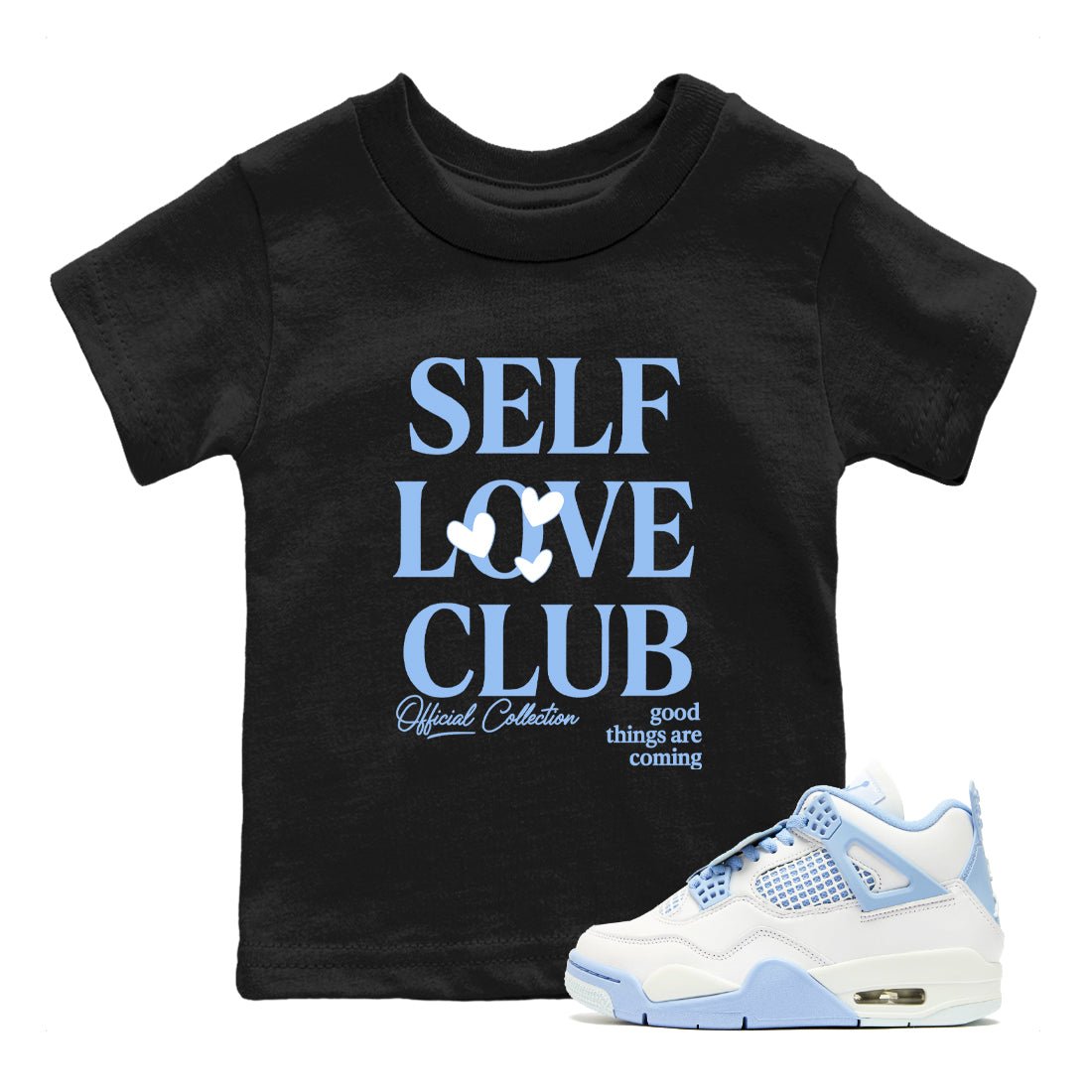 Self Love Club baby and kids t-shirt crafted for little sneakerheads to shine with the Air Jordan 4 Aluminum sneakers, displayed in Black 1.