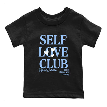 Self Love Club baby and kids t-shirt crafted for little sneakerheads to shine with the Air Jordan 4 Aluminum sneakers, displayed in Black 2.