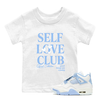 Self Love Club baby and kids t-shirt crafted for little sneakerheads to shine with the Air Jordan 4 Aluminum sneakers, displayed in White 1.