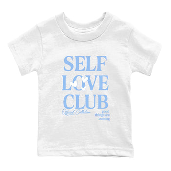 Self Love Club baby and kids t-shirt crafted for little sneakerheads to shine with the Air Jordan 4 Aluminum sneakers, displayed in White 2.