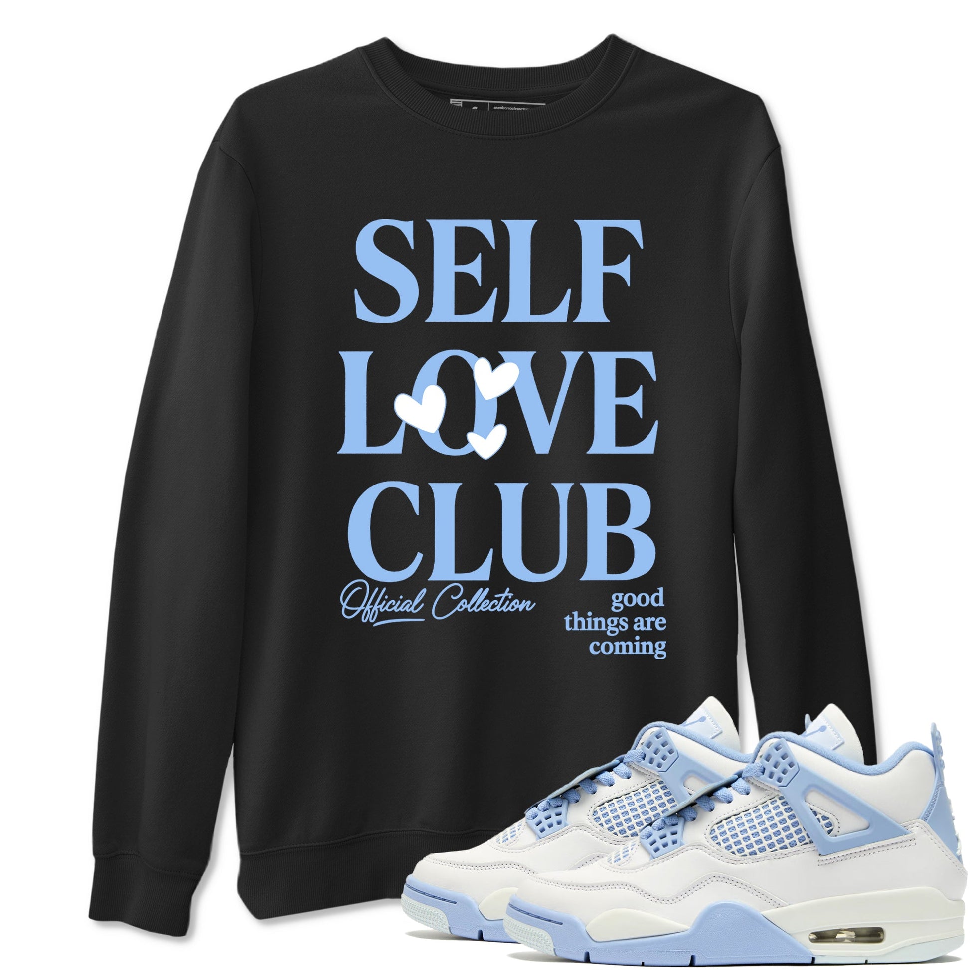 Self Love Club sneaker match t-shirt styled to complete your fit with the Air Jordan 4 Aluminum sneakers, shown in Black 1.
