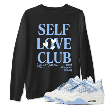 Self Love Club sneaker match t-shirt styled to complete your fit with the Air Jordan 4 Aluminum sneakers, shown in Black 1.