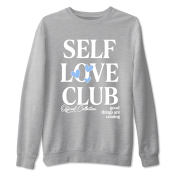 Self Love Club sneaker match t-shirt styled to complete your fit with the Air Jordan 4 Aluminum sneakers, shown in Heather Grey 2.