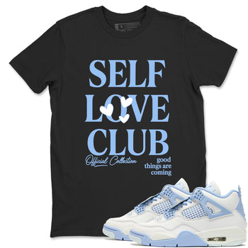Self Love Club sneaker match t-shirt styled to complete your fit with the Air Jordan 4 Aluminum sneakers, shown in Black 1.