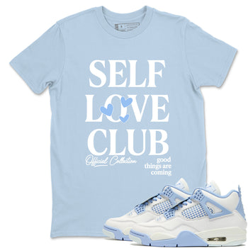Self Love Club sneaker match t-shirt styled to complete your fit with the Air Jordan 4 Aluminum sneakers, shown in Light Blue 1.