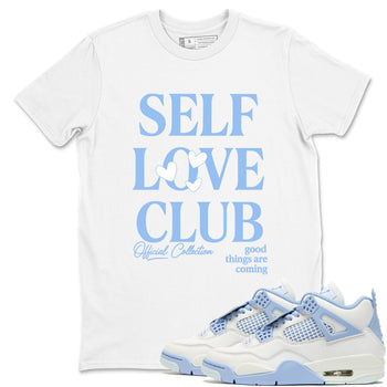 Self Love Club sneaker match t-shirt styled to complete your fit with the Air Jordan 4 Aluminum sneakers, shown in White 1.