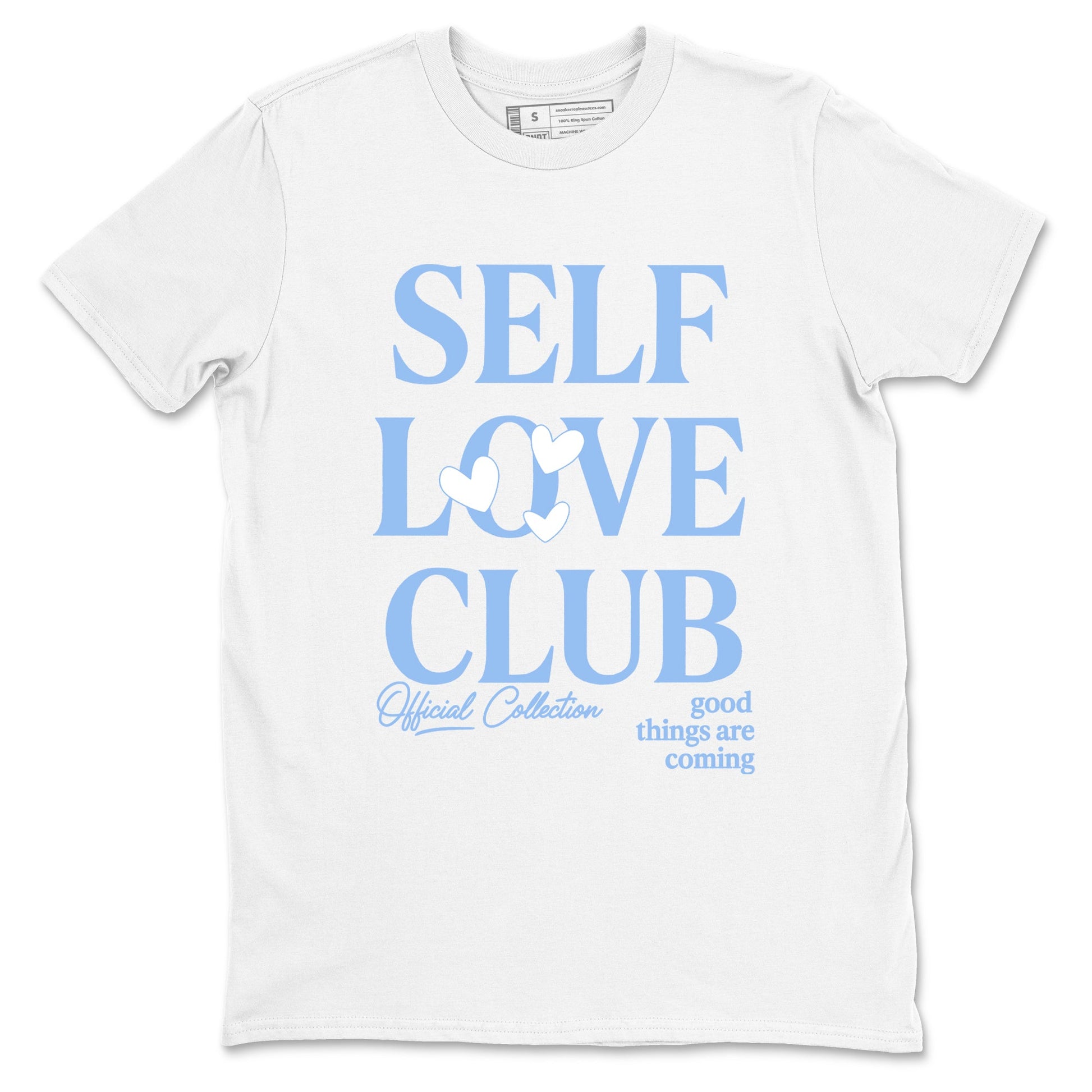 Self Love Club sneaker match t-shirt styled to complete your fit with the Air Jordan 4 Aluminum sneakers, shown in White 2.