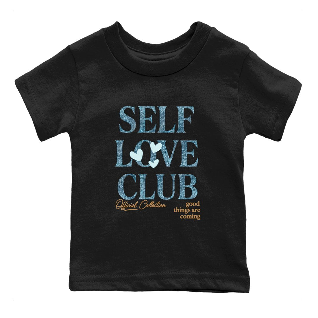 Sneaker match tees – Sneaker Tees To Match 4s Worn Blue Air Jordan 4 Denim Shoes – Self Love Club Kids T-Shirt Black 2