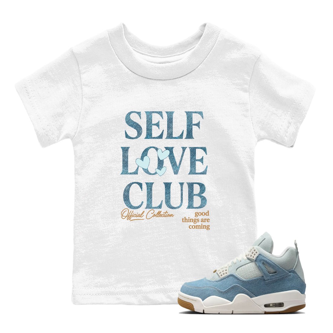 Sneaker match tees – Sneaker Tees To Match 4s Worn Blue Air Jordan 4 Denim Shoes – Self Love Club Kids T-Shirt White 1