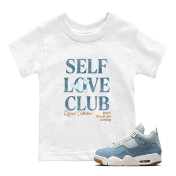 Sneaker match tees – Sneaker Tees To Match 4s Worn Blue Air Jordan 4 Denim Shoes – Self Love Club Kids T-Shirt White 1