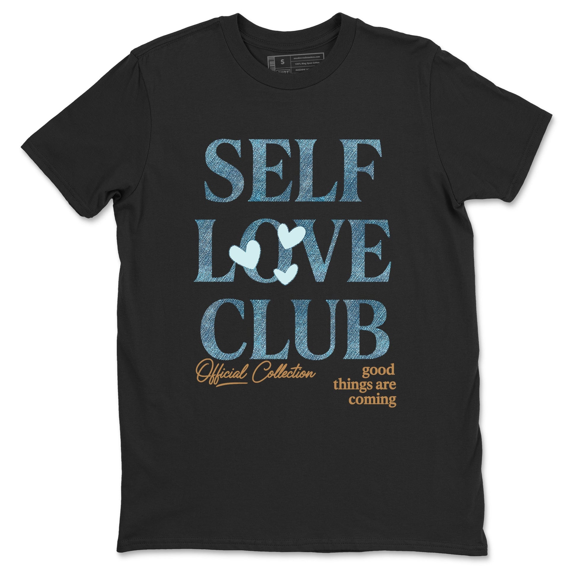 Sneaker match tees – Sneaker Tees To Match 4s Worn Blue Air Jordan 4 Denim Shoes – Self Love Club Tee Black 2