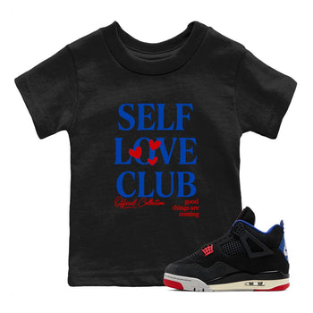 Self Love Club baby and kids t-shirt crafted for little sneakerheads to shine with the Air Jordan 4 Rare Air sneakers, displayed in Black 1.