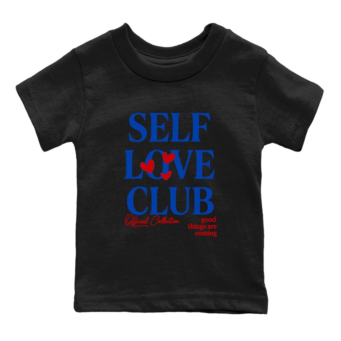 Self Love Club baby and kids t-shirt crafted for little sneakerheads to shine with the Air Jordan 4 Rare Air sneakers, displayed in Black 2.