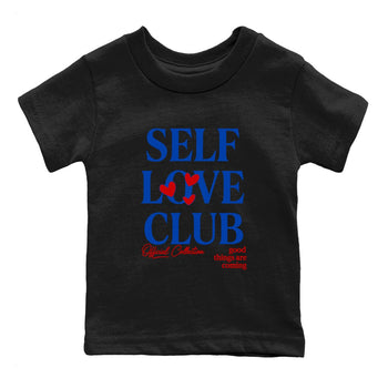 Self Love Club baby and kids t-shirt crafted for little sneakerheads to shine with the Air Jordan 4 Rare Air sneakers, displayed in Black 2.