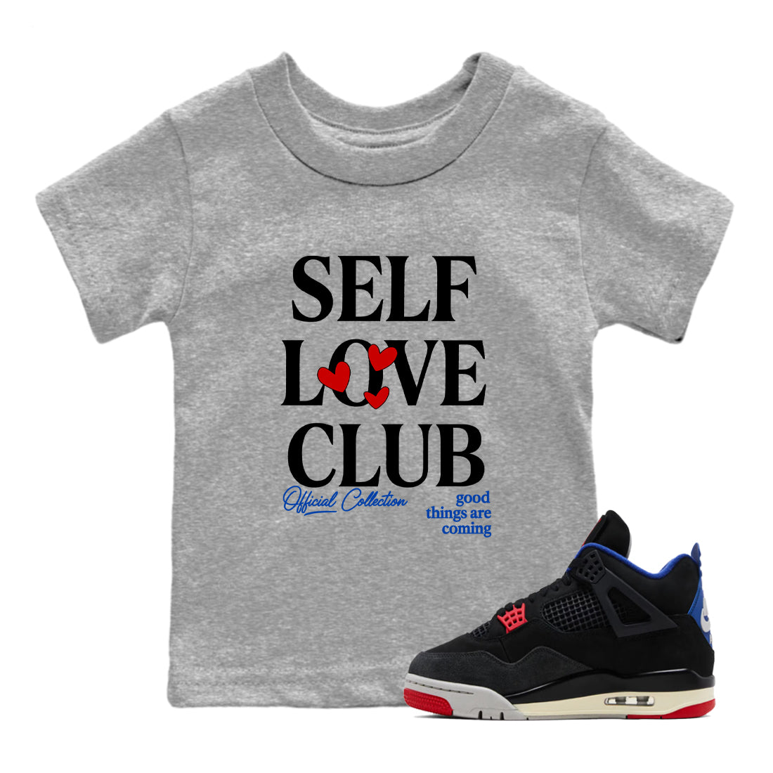 Self Love Club baby and kids t-shirt crafted for little sneakerheads to shine with the Air Jordan 4 Rare Air sneakers, displayed in Heather Grey 1.
