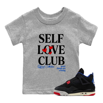Self Love Club baby and kids t-shirt crafted for little sneakerheads to shine with the Air Jordan 4 Rare Air sneakers, displayed in Heather Grey 1.