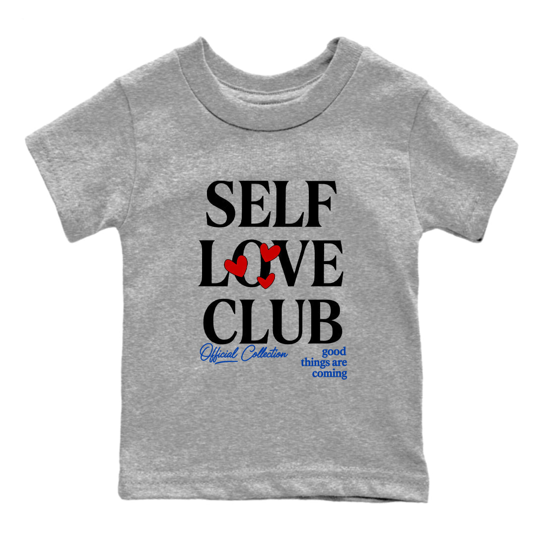 Self Love Club baby and kids t-shirt crafted for little sneakerheads to shine with the Air Jordan 4 Rare Air sneakers, displayed in Heather Grey 2.