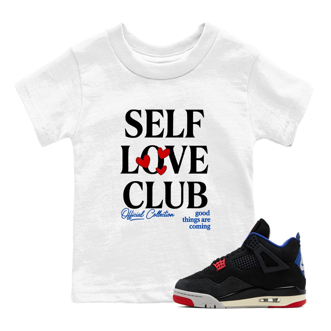 Self Love Club baby and kids t-shirt crafted for little sneakerheads to shine with the Air Jordan 4 Rare Air sneakers, displayed in White 1.
