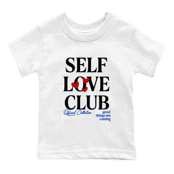 Self Love Club baby and kids t-shirt crafted for little sneakerheads to shine with the Air Jordan 4 Rare Air sneakers, displayed in White 2.