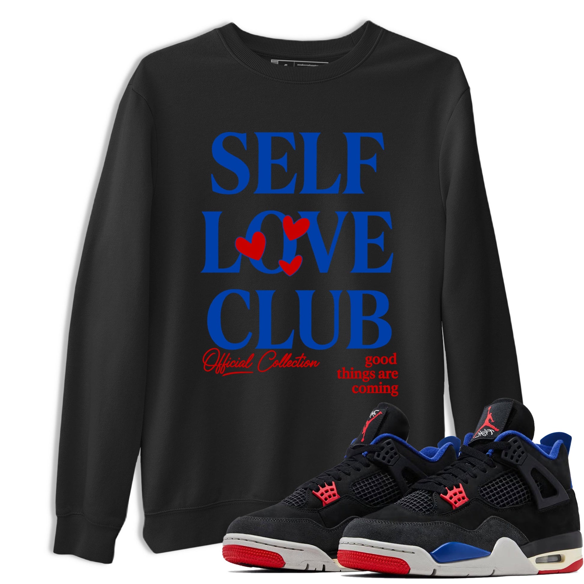 Self Love Club sneaker match t-shirt styled to complete your fit with the Air Jordan 4 Rare Air sneakers, shown in Black 1.
