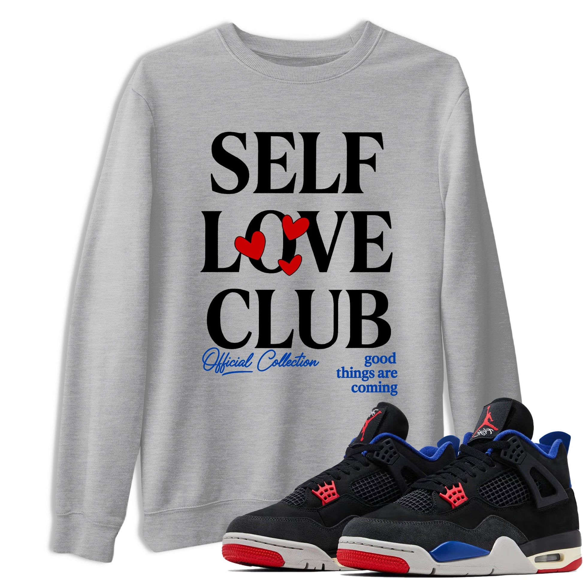 Self Love Club sneaker match t-shirt styled to complete your fit with the Air Jordan 4 Rare Air sneakers, shown in Heather Grey 1.