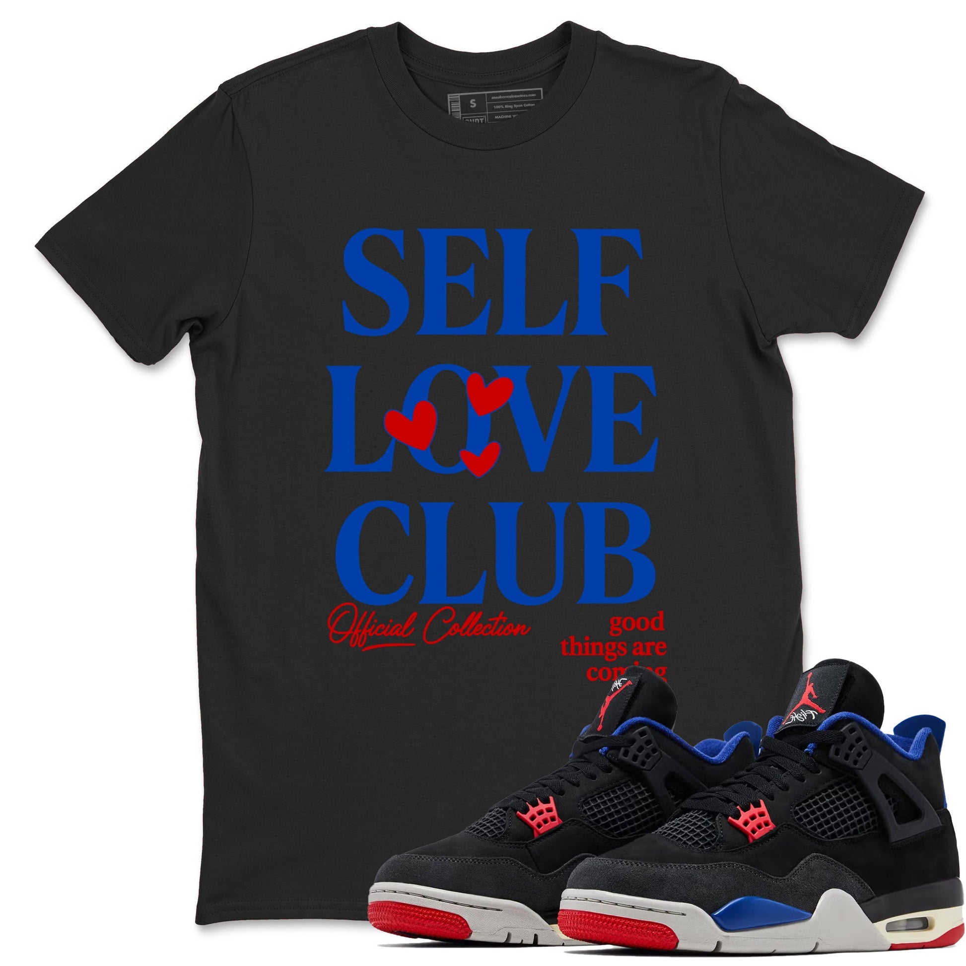 Self Love Club sneaker match t-shirt styled to complete your fit with the Air Jordan 4 Rare Air sneakers, shown in Black 1.