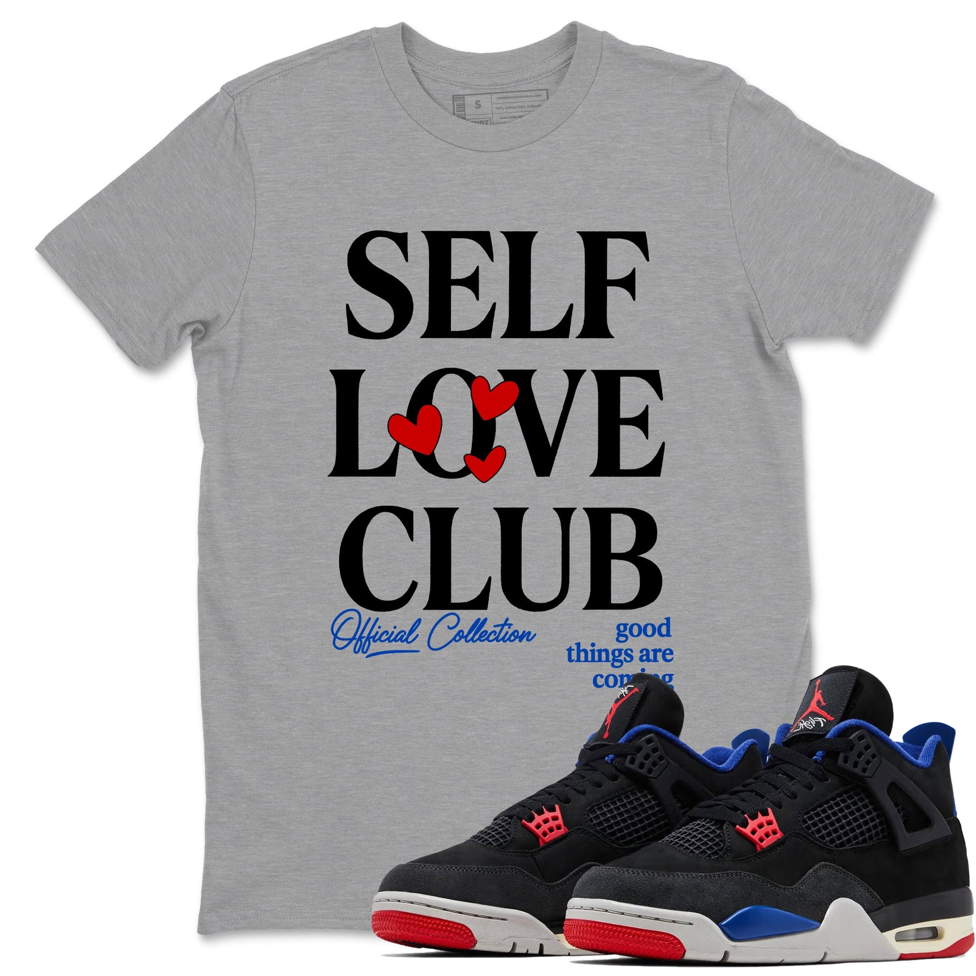 Self Love Club sneaker match t-shirt styled to complete your fit with the Air Jordan 4 Rare Air sneakers, shown in Heather Grey 1.