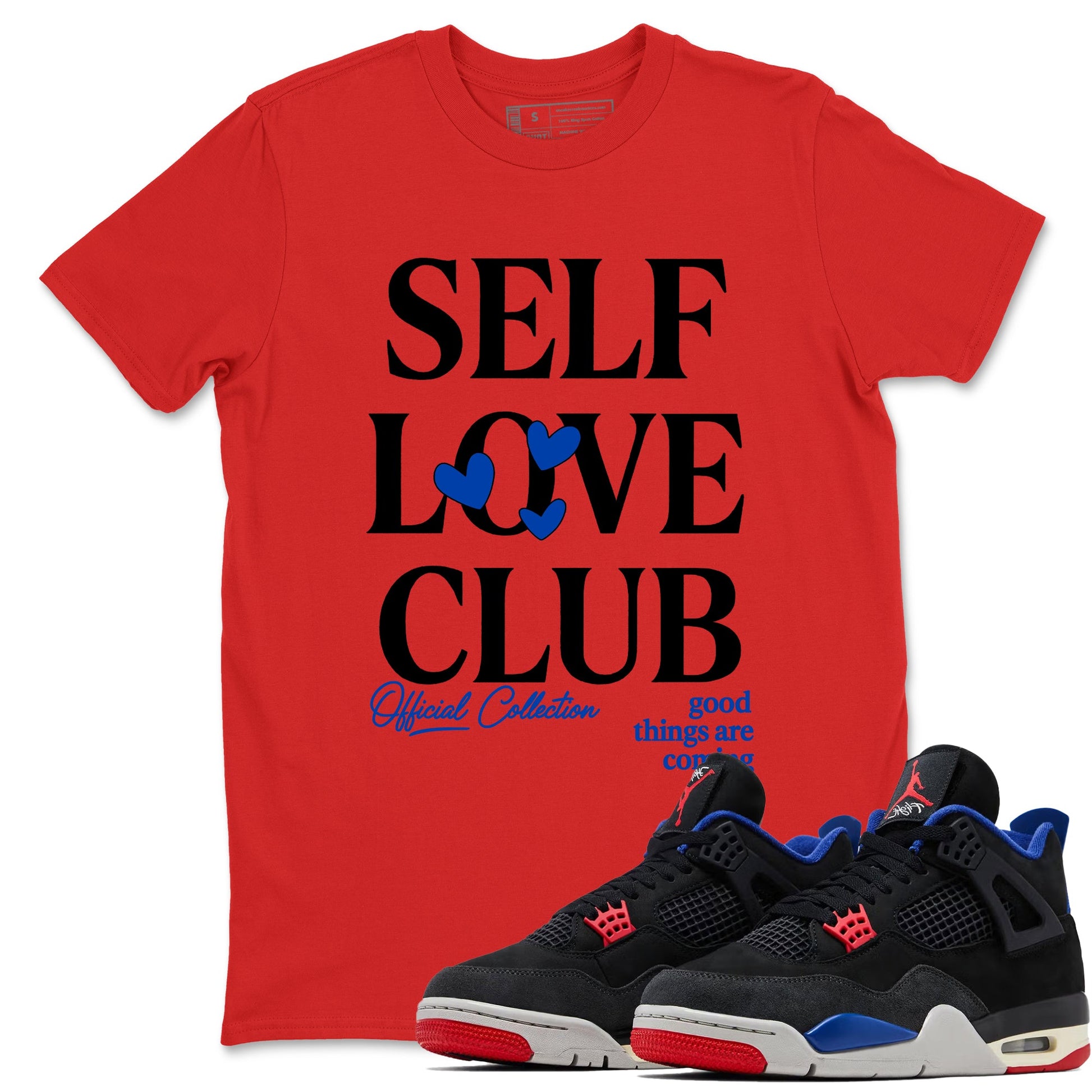 Self Love Club sneaker match t-shirt styled to complete your fit with the Air Jordan 4 Rare Air sneakers, shown in Red 1.